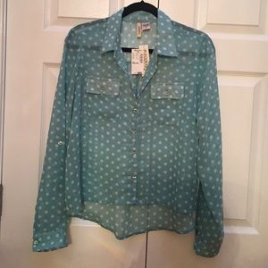 BRAND NEW Cute Aqua Shirt with White Polka Dots!