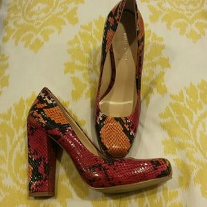 Snake skin multicolor block pumps