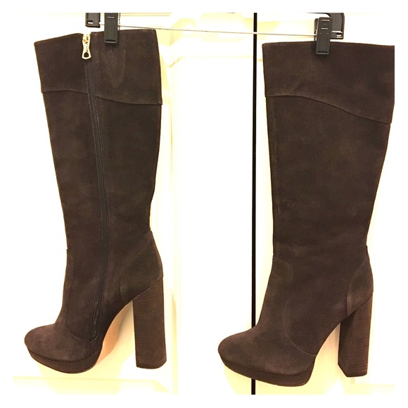 BCBG brown suede platform knee high boots.