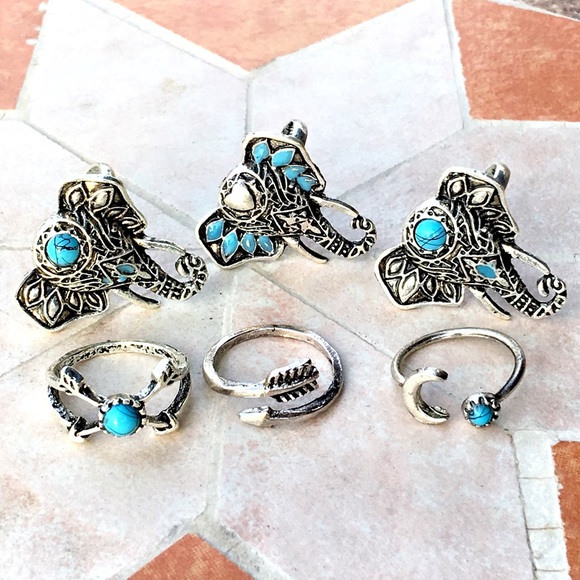 6 Pcs Boho Elephant Moon Arrow Midi Punk Ring Set - Picture 2 of 4