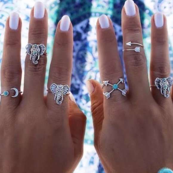 6 Pcs Boho Elephant Moon Arrow Midi Punk Ring Set - Picture 4 of 4
