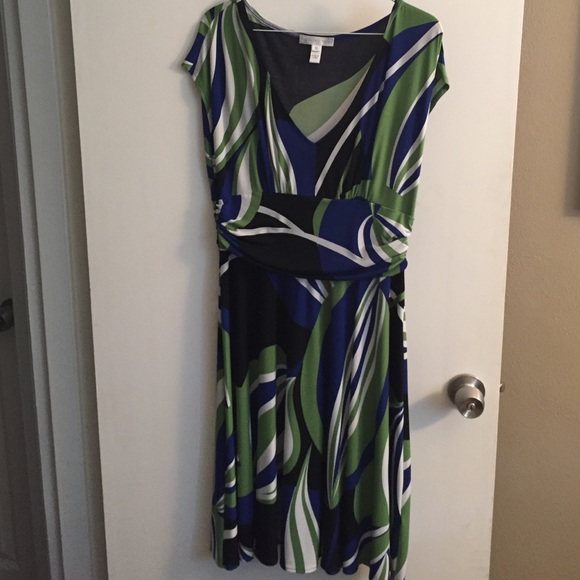 Royal blue, green, black and white v neck dress.