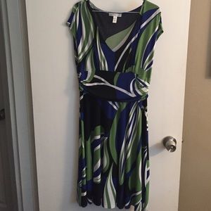 Royal blue, green, black and white v neck dress.