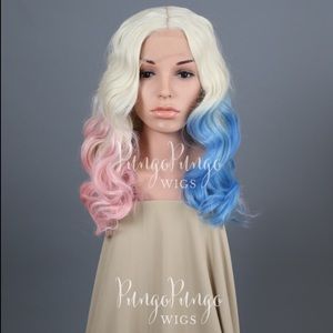 Blonde Harley Quinn wig dip dyed blue and pink