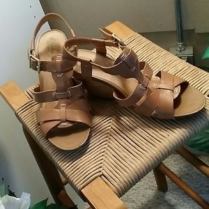 Tan Leather Wedge Sandals