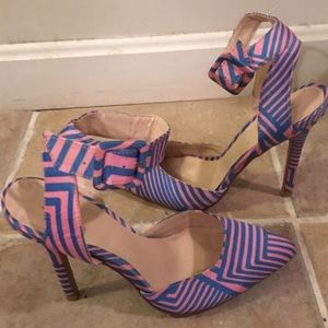 Blue and pink strappy pointy heels!