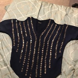 Navy blue and gold sequin cut shoulder top