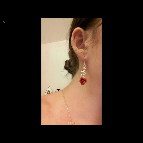 Crystal Red Rose Flower Women Dangle Drop Earrings - Picture 2 of 3