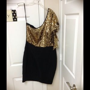 Black and Gold One Shoulder Midi dress