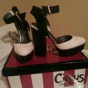 Black and white chunky heels
