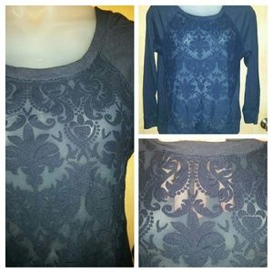 Navy blue long sleeve damask burnout / mesh top