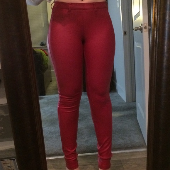 Red textured denim-look leggings