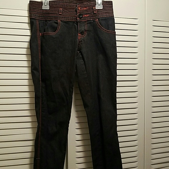 blue jeans with orange design