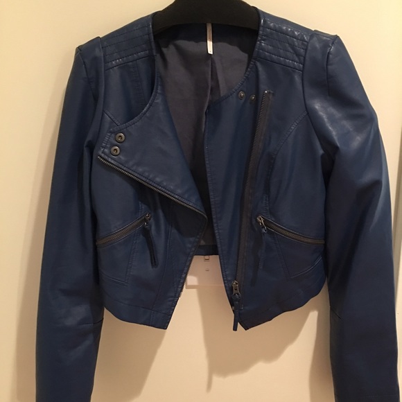 Free People cropped vegan blue leather jacket