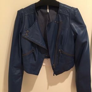 Free People cropped vegan blue leather jacket