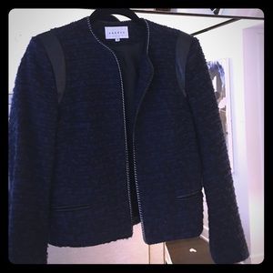 Sandro Tweed Wool Leather Trim Blazer