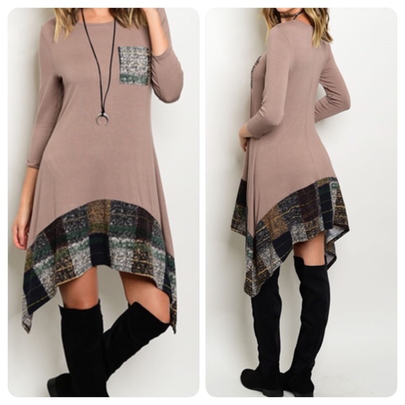 Mocha Dress w/ Plaid Accents