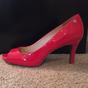 Red Calvin Klein 3.5" peep toe pumps