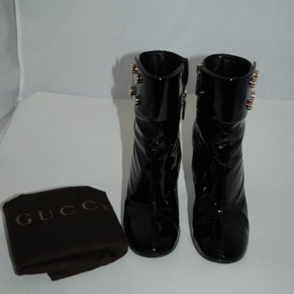 GUCCI 68 BLACK PATENT LEATHER BOOTIES GOLD SZ 36.5 - Picture 2 of 4