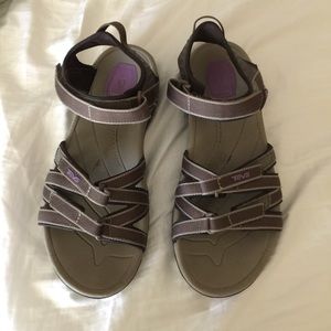 Teva Sandals. Tan with purple accents