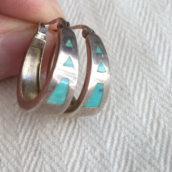 Silver turquoise small hoop earrings