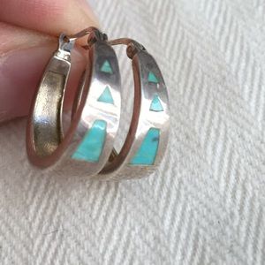 Silver turquoise small hoop earrings