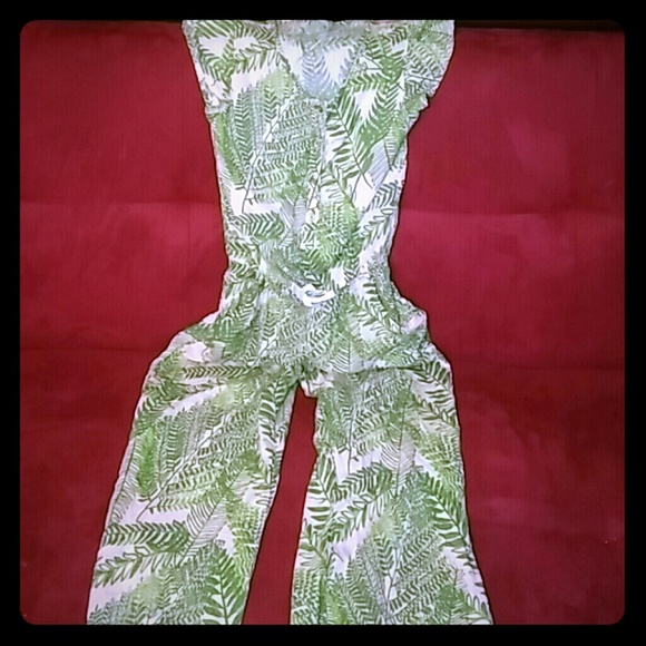 Beautiful Leaf- Print Girls Jumpsuit w/Pockets