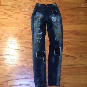 High waisted patched denim