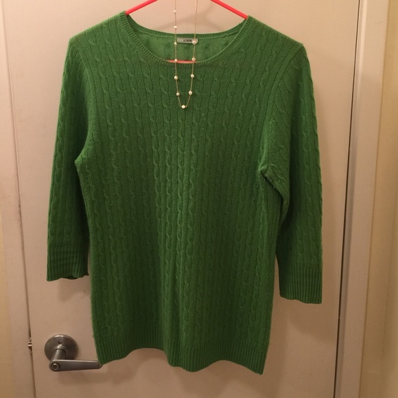 J Crew Green Cashmere Cable Knit Sweater