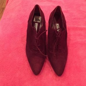 Cranberry suede lace up booties by Manolo Blahnik