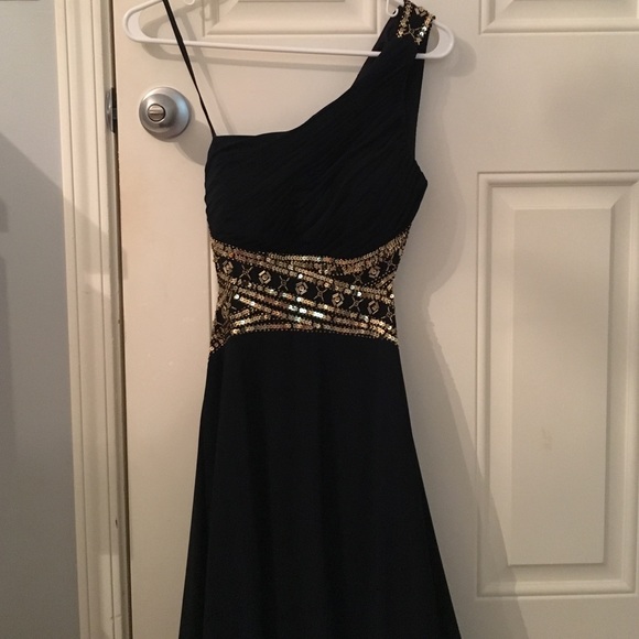 navy blue dress with gold accents