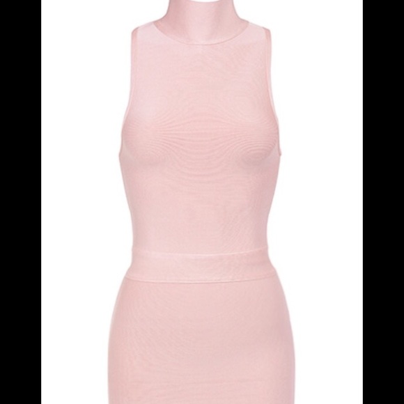 Blush nude high neck bandage midi dress