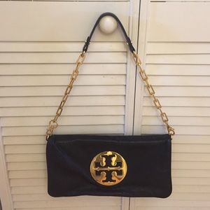 Tory Burch Reva Glazed Black Leather Clutch Bag