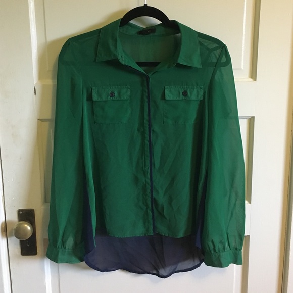 Blue and green color block blouse - Picture 1 of 2