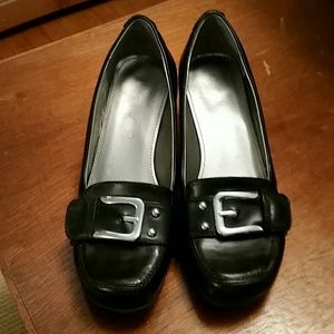 Black wedge loafer shoes with buckle