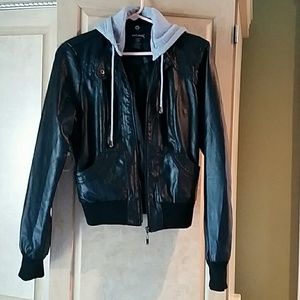 Leather jacket with button hood