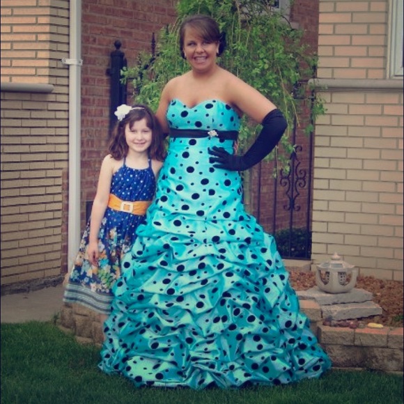 Blue Prom Dress with black polka dots