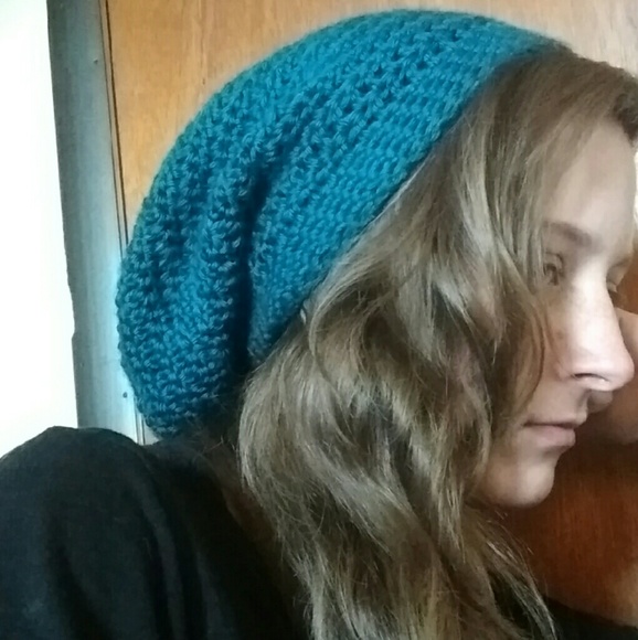 Turquoise slouchy beanie - hand crocheted