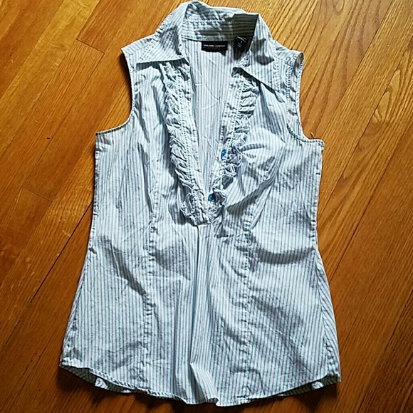 White with blue and gray stripes sleeveless blouse