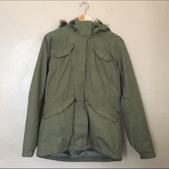 REI sage green Elements coat with quilted liner