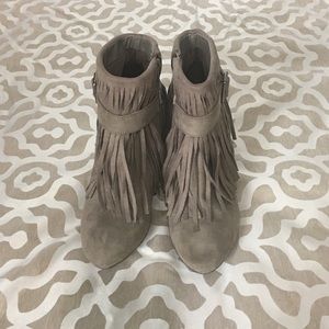 Super cute taupe fringe booties