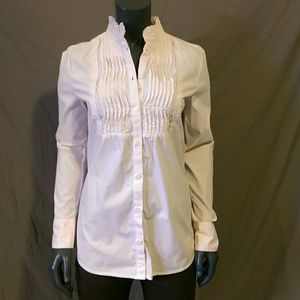 Pink & white striped high neck button down blouse