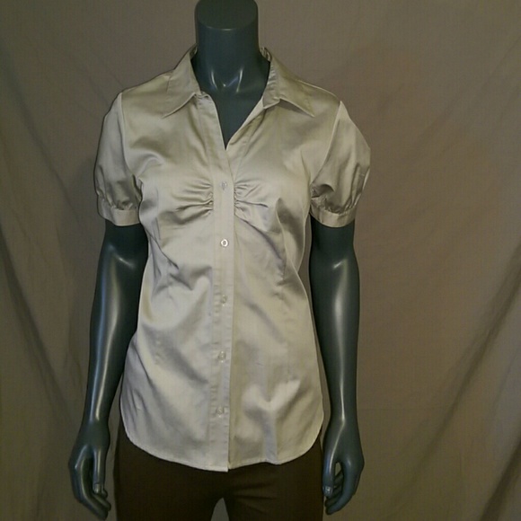 Grey button down ruched front short sleeve blouse