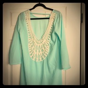 Crochet back light aqua tunic cover up