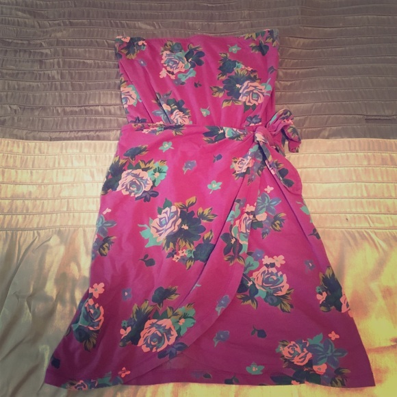 Strapless floral wrap dress