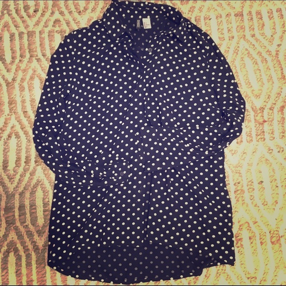Navy blue and white dot cotton button down shirt