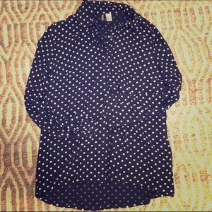 Navy blue and white dot cotton button down shirt