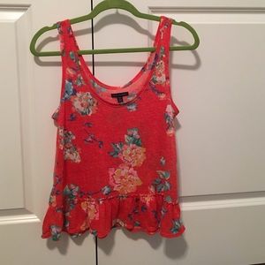 Red floral ruffle hem crop top