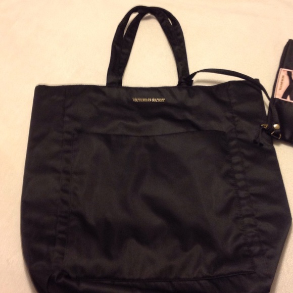 VICTORIA'S SECRET Black satin tote w/ cosmetic bag - Picture 3 of 3