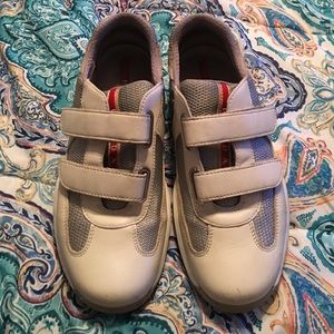 White and gray velco Prada sneakers